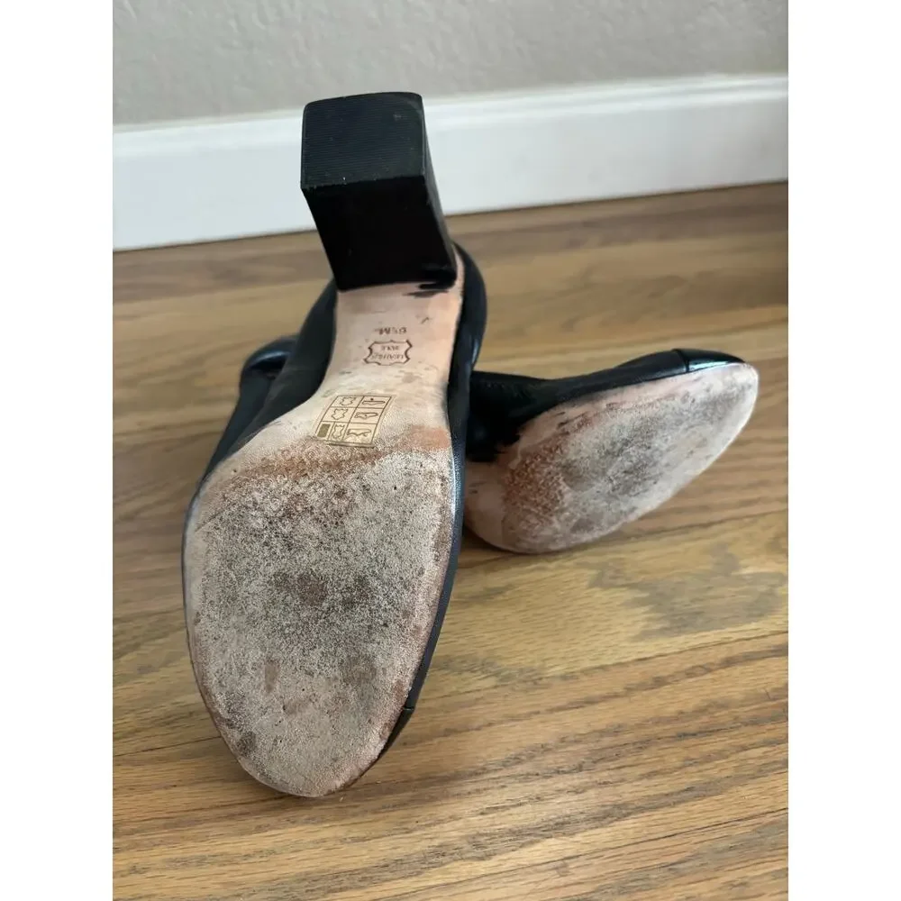 Tory Burch Jorie Block Heel Pumps Black Leather Gold Logo Medallion Size 6.5